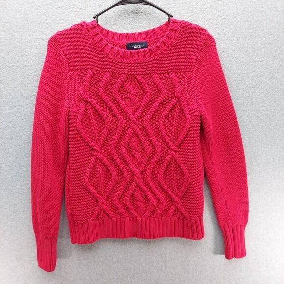Lands End Drifter Red Cable Knit Sweater S/P 6-8 Cotton - Picture 1 of 4